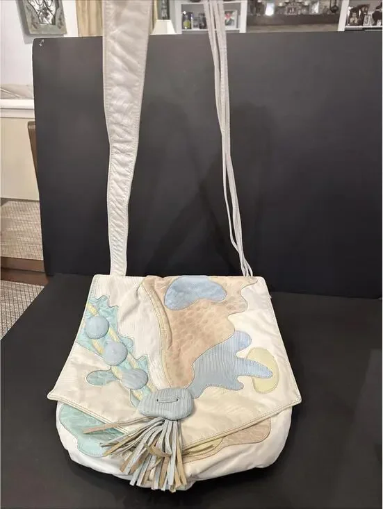 Vintage 1980's Colini Shoulder Bag Leather Multicolor Pastel White Patchwork - Picture 6 of 8